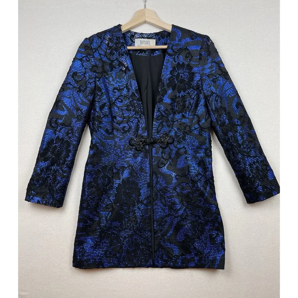 Badgley Mischka Collection Womens Black Blue Brocade Suit Jacket Small Old Money